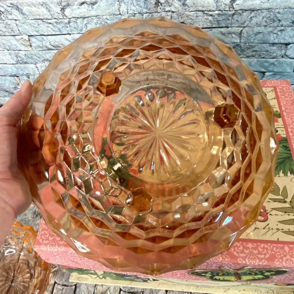 Vintage Large Pink Depression Glass Footed Bowl Cubed Pattern Salad Bowl